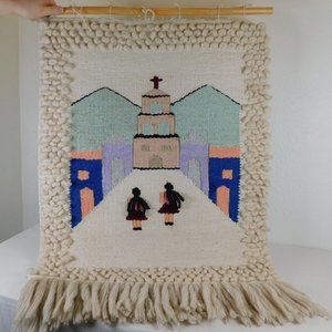 Woven Wool Southwest Spanish Mission Wall Hanging Weaving Vintage 39"x28" FLAW